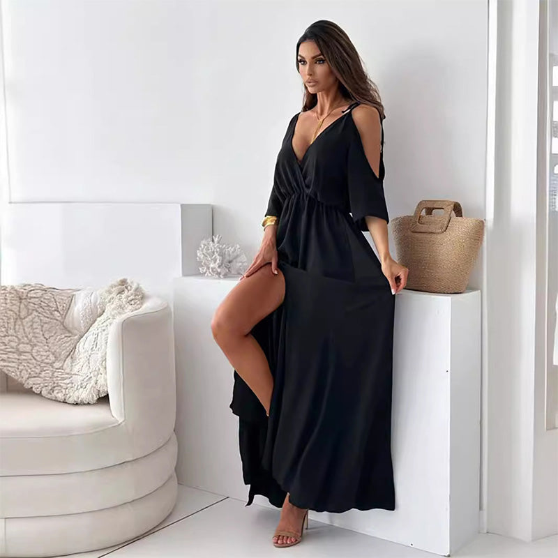 Red maxi dress for women with V-neck, side slit and flutter sleeves