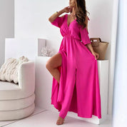 Red maxi dress for women with V-neck, side slit and flutter sleeves