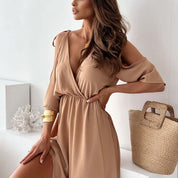 Red maxi dress for women with V-neck, side slit and flutter sleeves