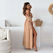 Red maxi dress for women with V-neck, side slit and flutter sleeves