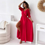 Red maxi dress for women with V-neck, side slit and flutter sleeves