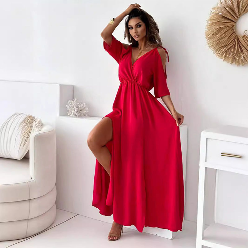 Red maxi dress for women with V-neck, side slit and flutter sleeves