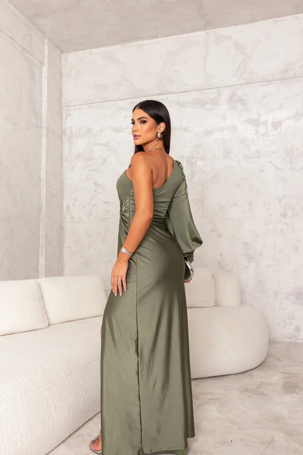 Satin maxi dress for women with one strap and high side slit