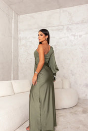 Satin maxi dress for women with one strap and high side slit