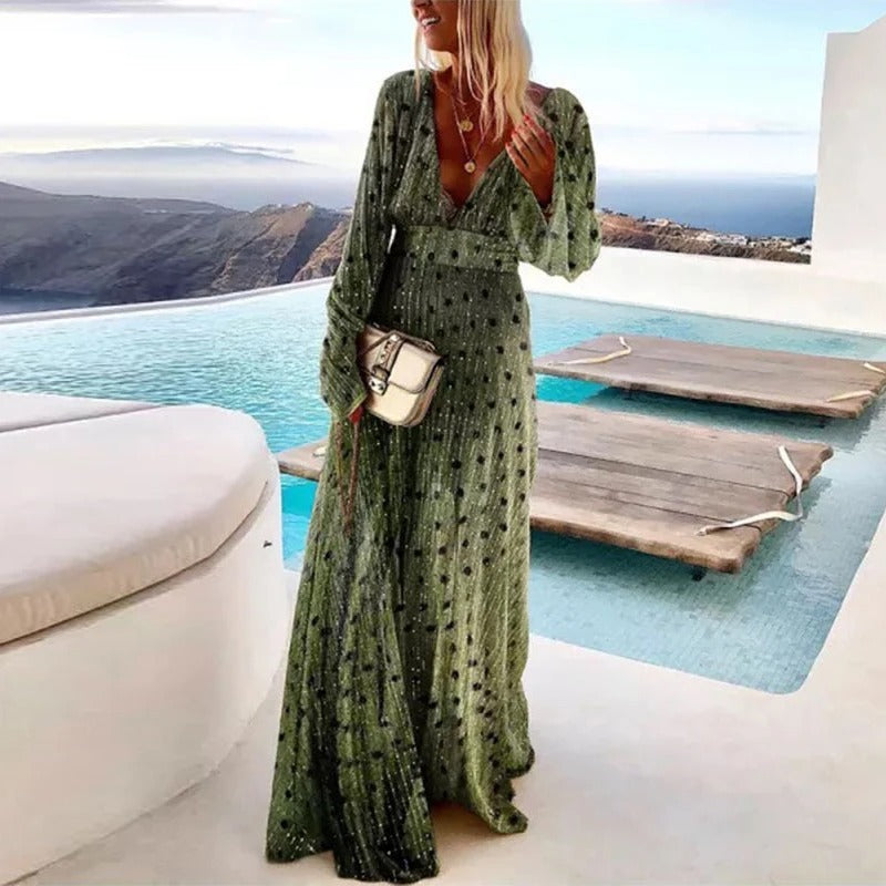 Women's maxi dress for evening with long sleeves and V-neck